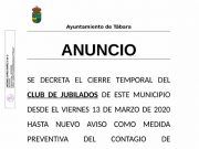 El Ayuntamiento de Tábara decreta el cierre temporal del CLUB DE JUBILADOS