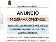 ABIERTO PLAZA DE INSCRIPCIÓN PARA NIÑOS DE 0-3 AÑOS PARA EL CURSO 2022/2023 DE LA GUARDERÍA MUNICIPAL DE TÁBARA.