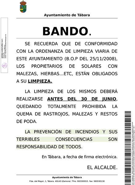 El Ayuntamiento de Tábara recuerda la obligación de limpieza de solares con malezas, hierbas, etc. 2