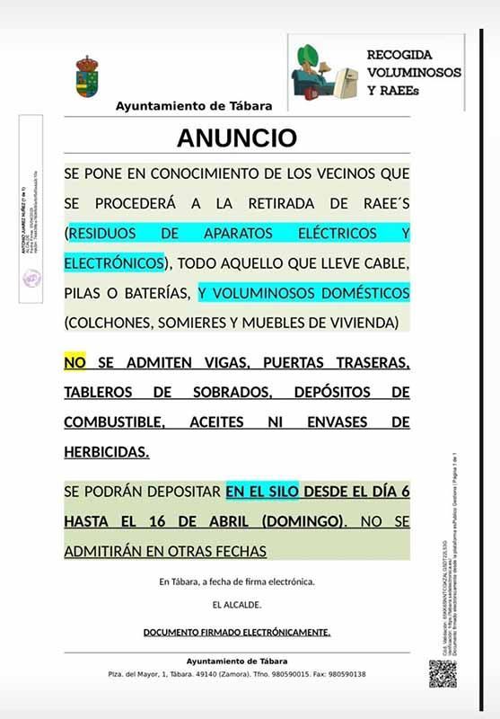 Retirada de aparatos eléctricos y elemento voluminosos domésticos en Tábara 1