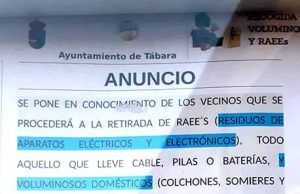 El Ayuntamiento de Tábara pone en marcha la retirada de residuos de aparatos eléctricos y electrónicos (RAEE’S), así como de voluminosos domésticos