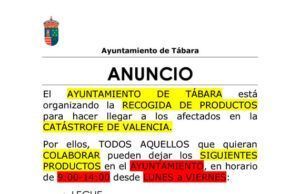 Tábara se une en solidaridad: recogida de productos para ayudar a los afectados por la catástrofe en Valencia