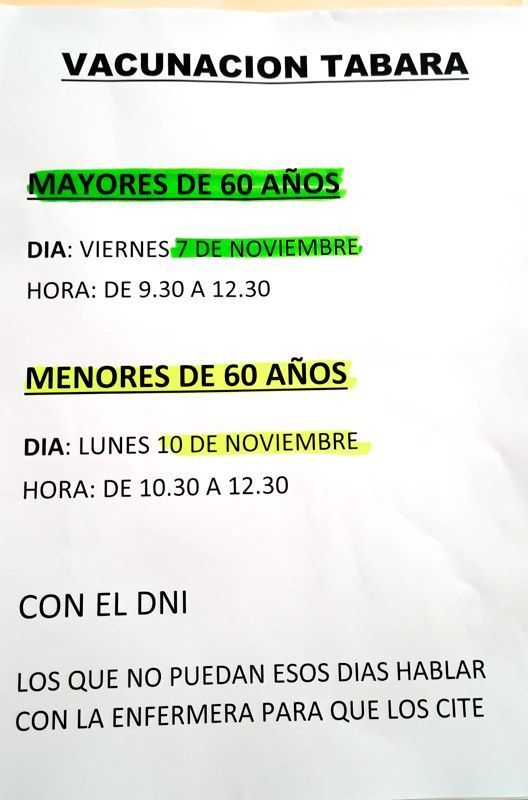 El Centro Médico de Tábara organiza las fechas de vacunación para el mes de noviembre 1