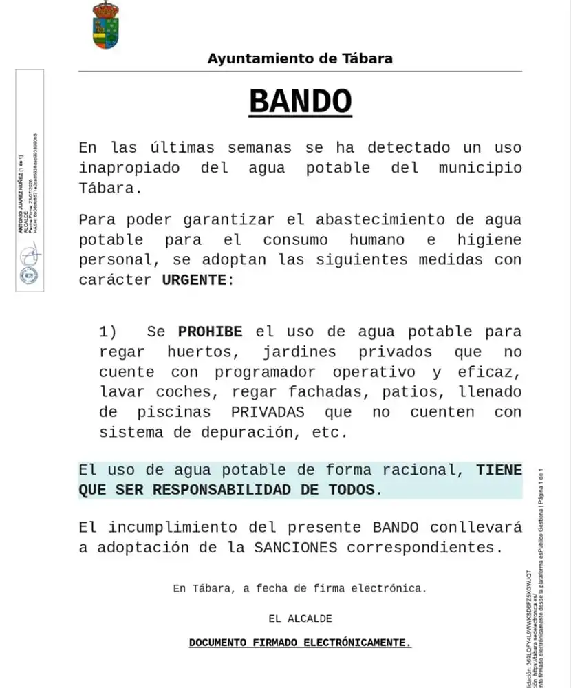 El Ayuntamiento de Tábara prohíbe el uso de agua potable para riego, piscinas y lavado de vehículos ante el aumento del consumo