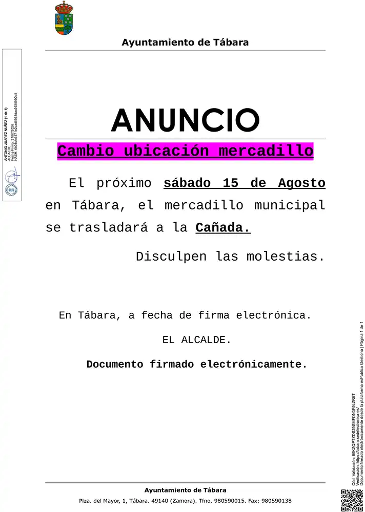 El mercadillo semanal de Tábara se traslada a La Cañada el próximo 15 de agosto por las fiestas patronales 1 El mercadillo semanal de Tábara se traslada a La Cañada el próximo 15 de agosto por las fiestas patronales