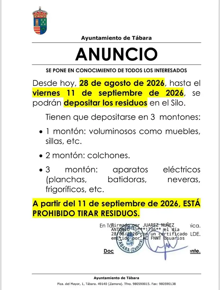 Tábara habilita hasta el 11 de septiembre el Silo para depositar residuos voluminosos, colchones y aparatos eléctricos 1 Tábara habilita hasta el 11 de septiembre el Silo para depositar residuos voluminosos, colchones y aparatos eléctricos